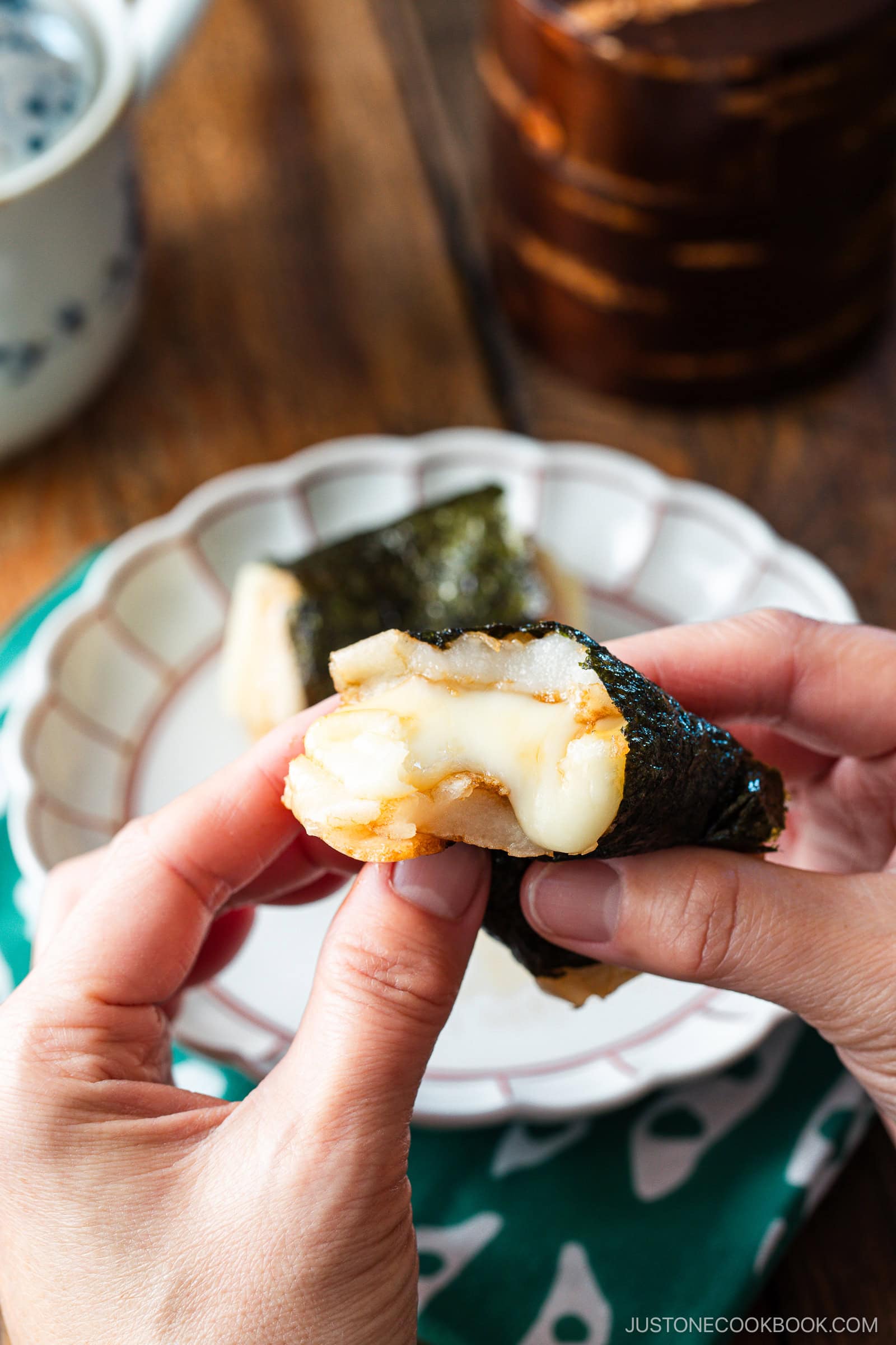 An isobeyaki mochi stuffed with cheese.