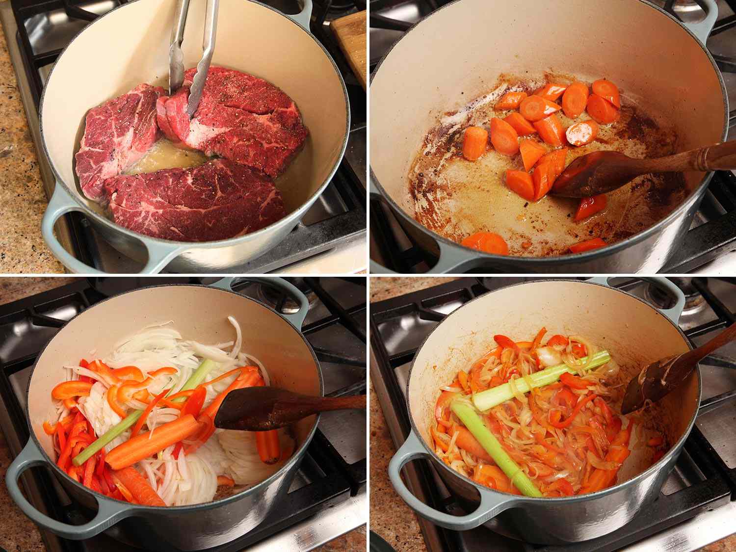 A collage: Browning beef in a Dutch oven, followed by carrot, bell peppers, onion. and celery stalks. 