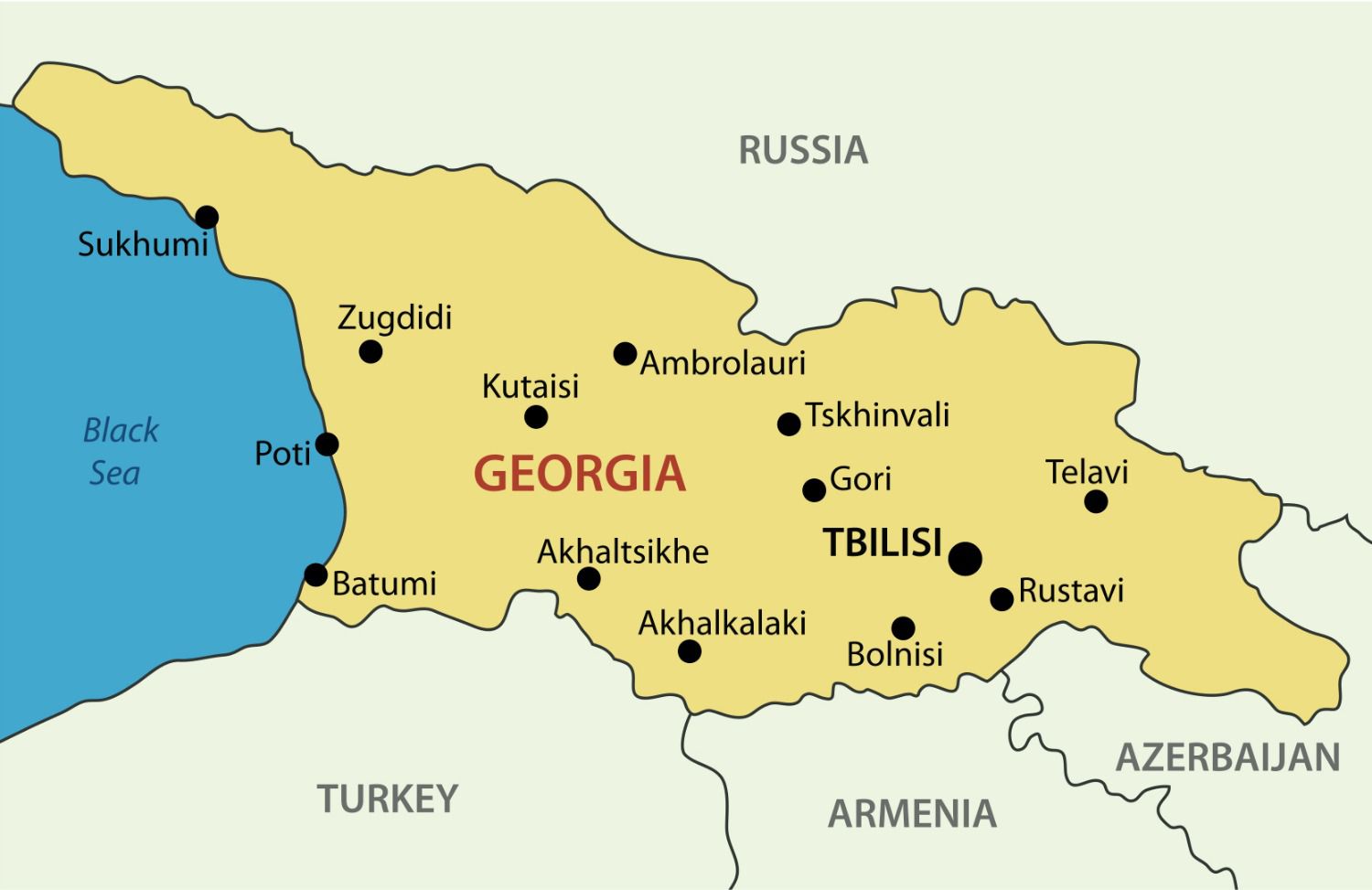An illustrated map of Georgia with major cities listed on the map.