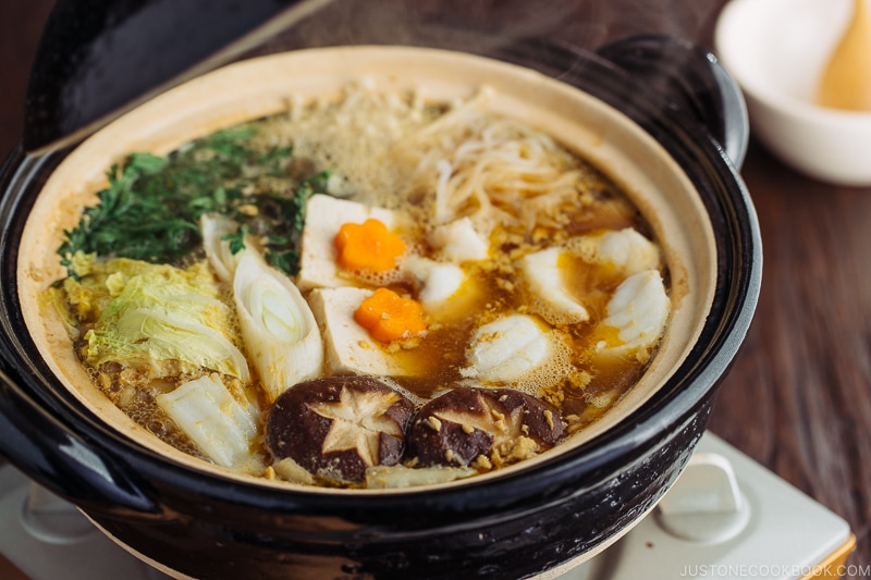 A donabe containing monkfish and vegetables.