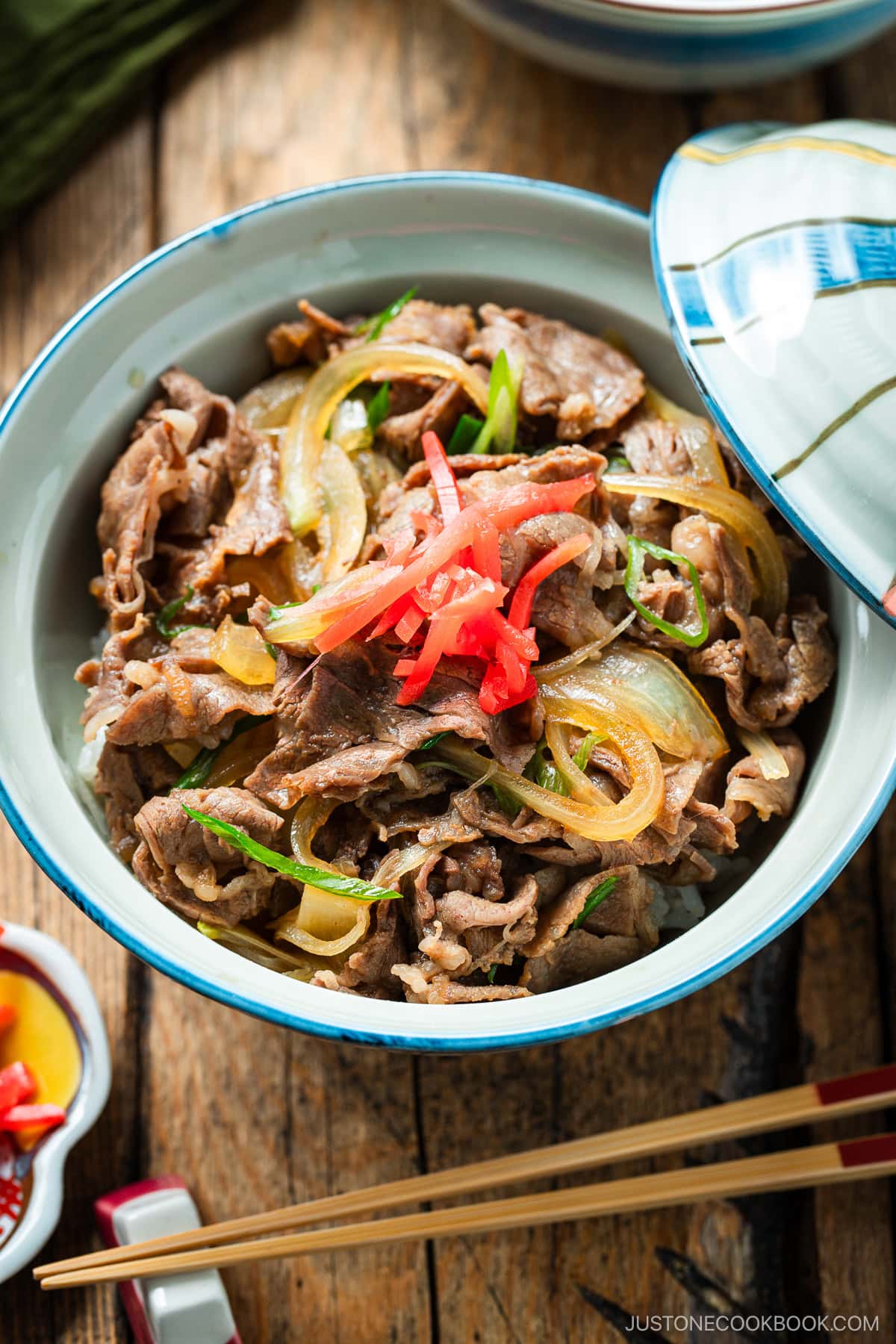 A donburi rice bowl containing gyudon, simmered beef and onions over steamed rice.