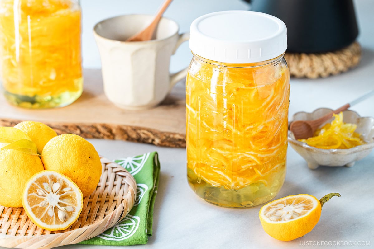 Two mason jars filled with yuzu cha (citron tea).