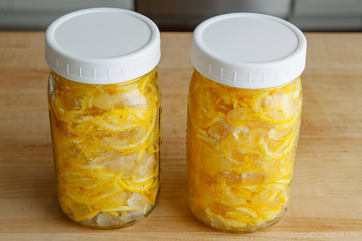 Two mason jars filled with yuzu cha (citron tea).