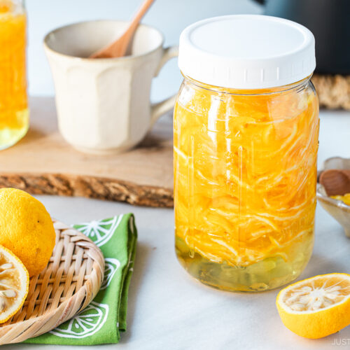 Two mason jars filled with yuzu cha (citron tea).