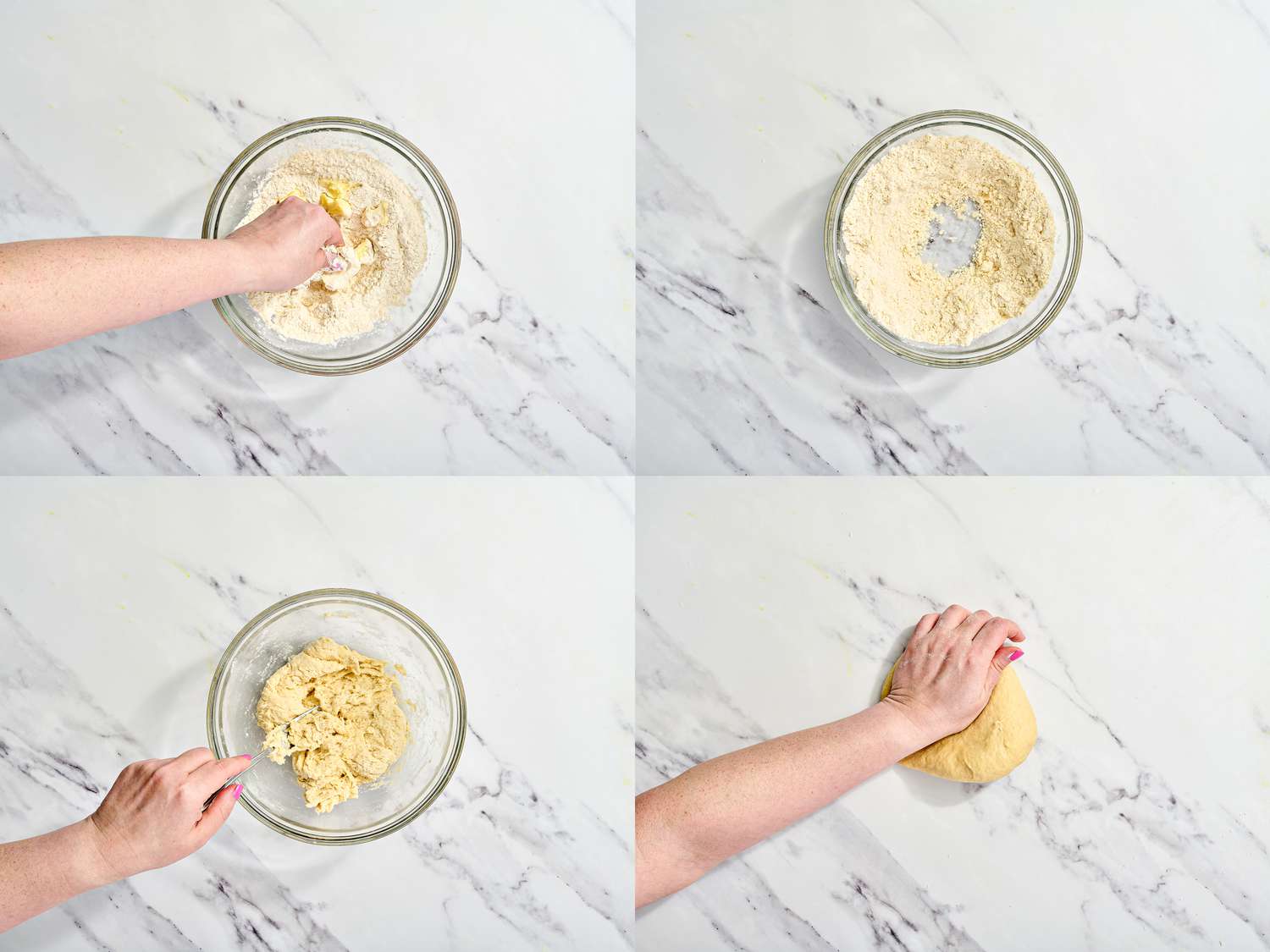 4 image collage: Top Left: pressing butter into flour with fingers, Top Right: Well in the center of mixture. Bottom Left: Mixture of egg, sour cream, and water being mixed with a fork. Bottom Right: Kneading dough on dusted work surface