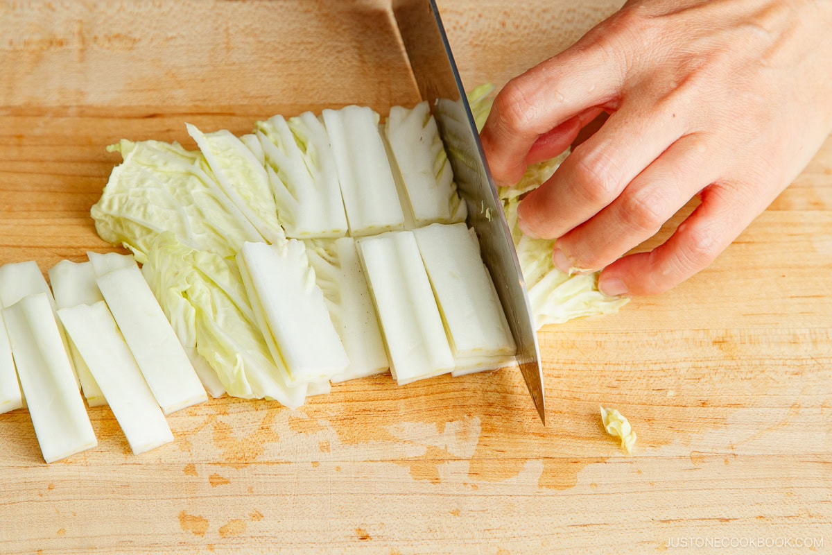 Cutting the napa cabbage.