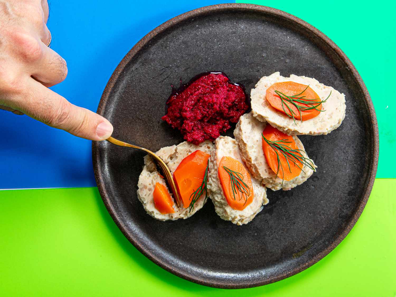 Overhead view of eating gefilte fish