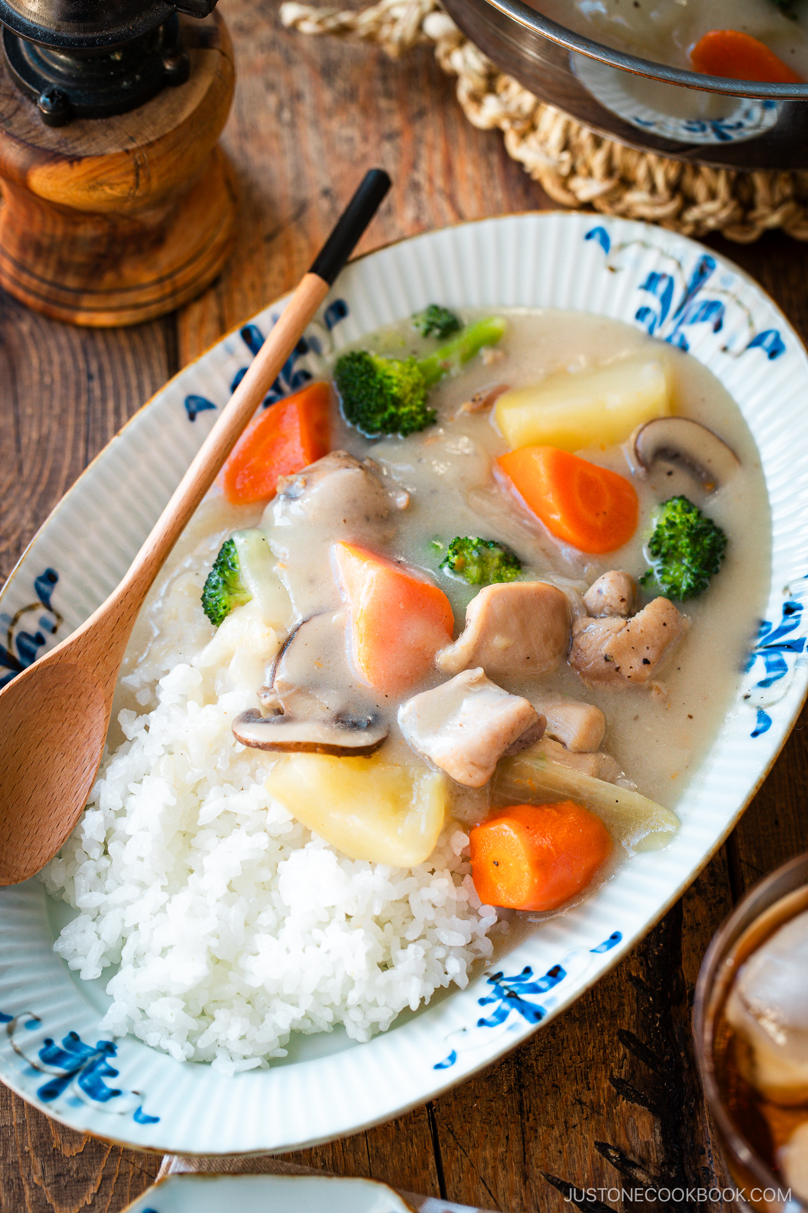 An oval-shaped plate holds a comforting serving of Japanese cream stew, featuring tender chicken, carrots, potatoes, mushrooms, and broccoli in a rich, creamy white sauce. The stew is generously ladled over a bed of fluffy steamed rice, creating a hearty and satisfying meal.