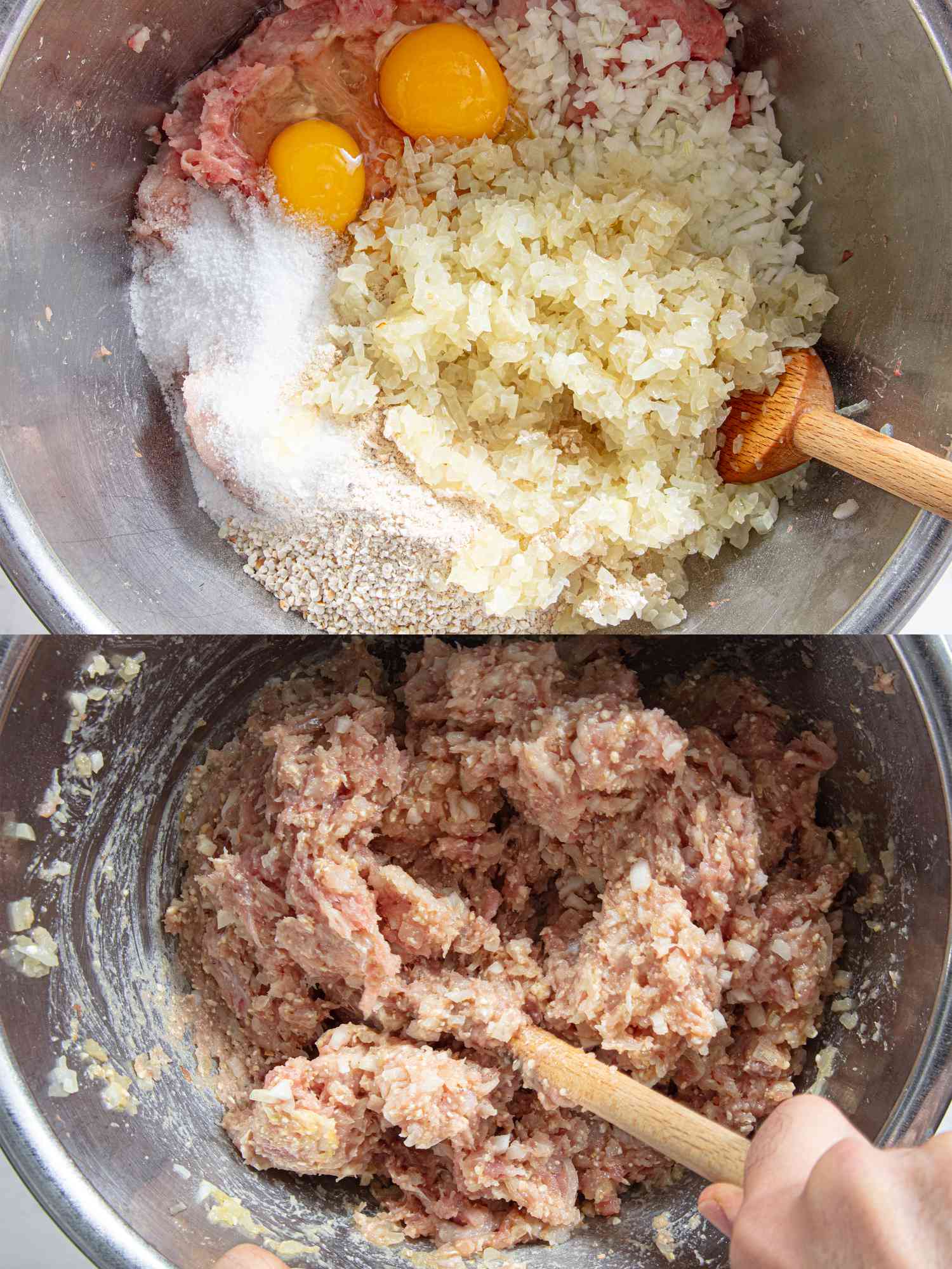 Gefilte fish ingredients before and after being mixed