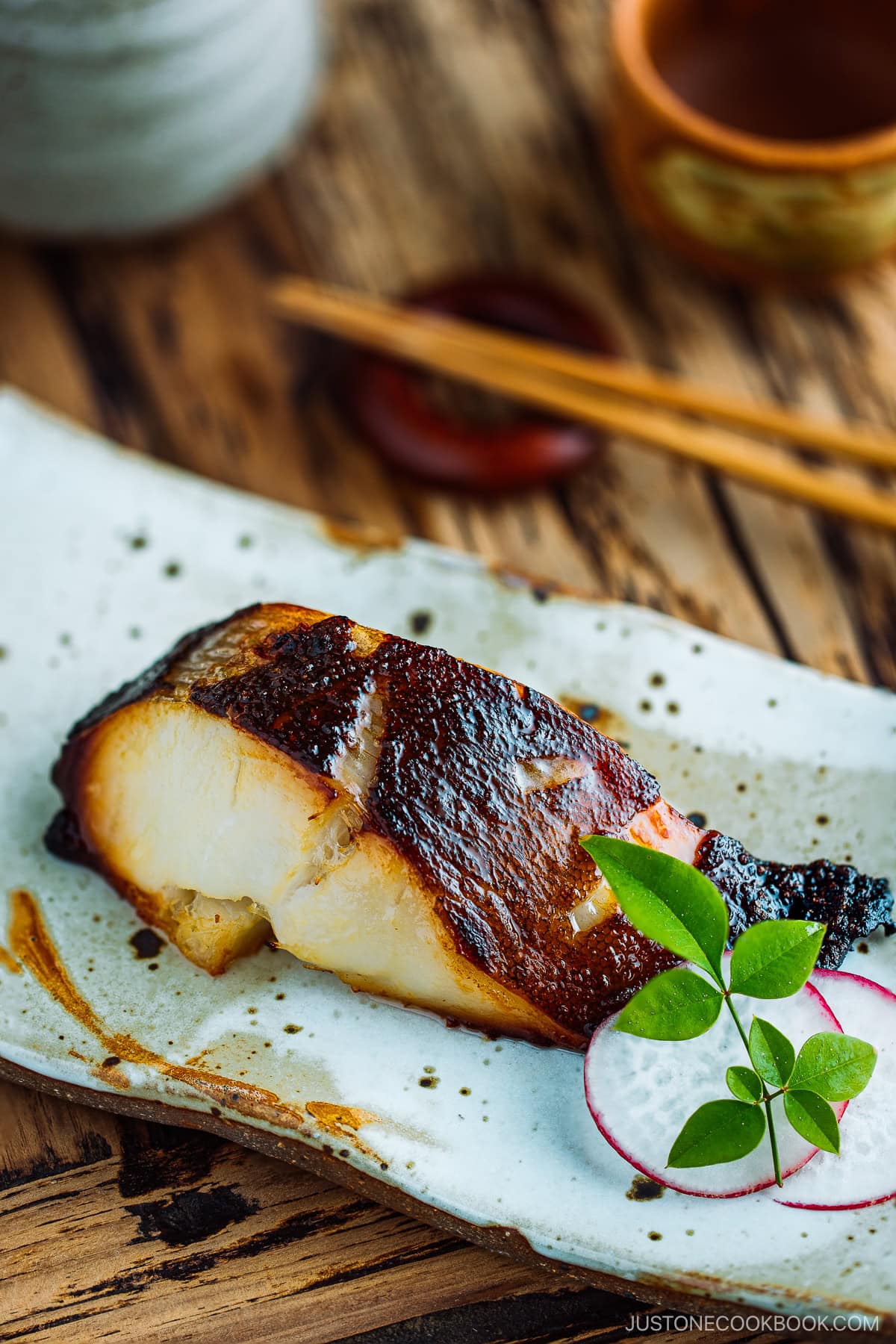 A rectangular plate containing Miso Cod.