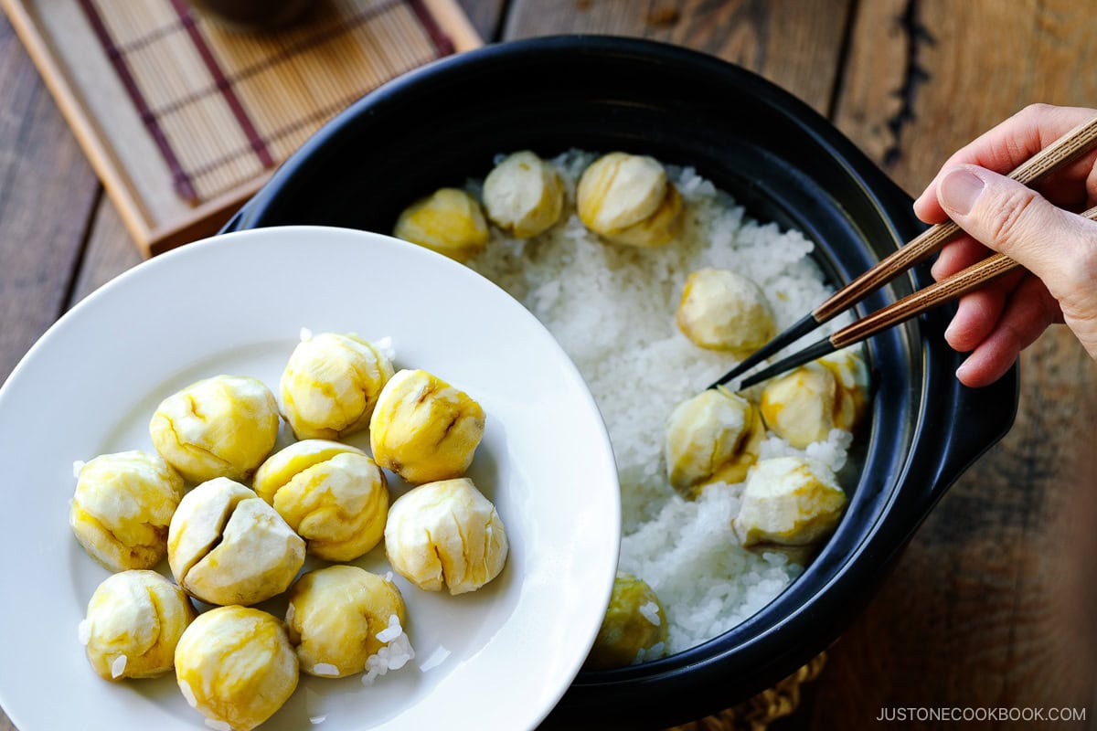 Chestnuts being set on the side for presentation later.