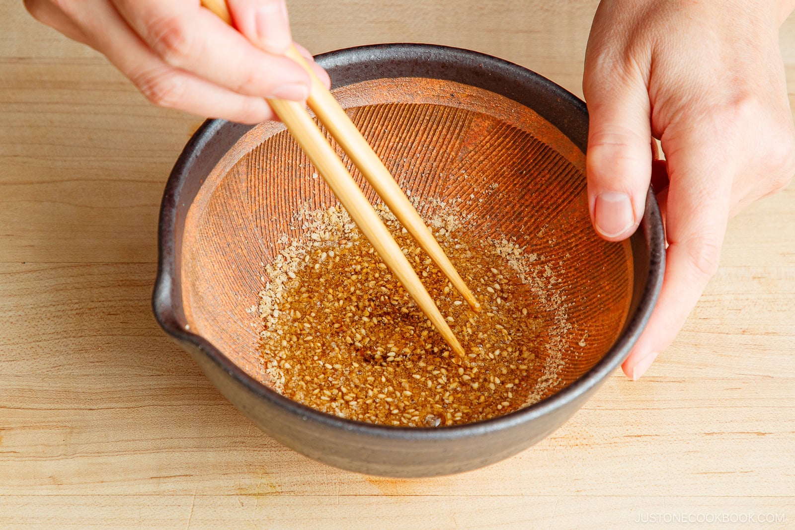 Add the sesame ponzu to the mortar.