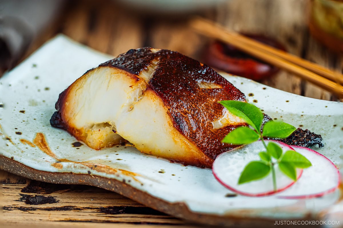 A rectangular plate containing Miso Cod.