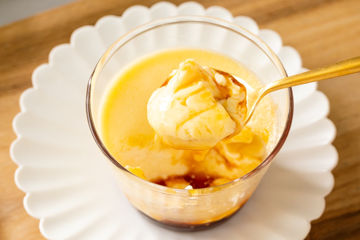 A white plate containing Purin (Japanese Custard Pudding).