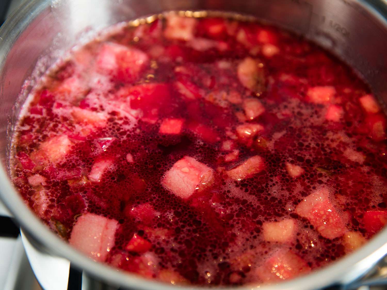 Diced meats, celery root, parsnip, beets, cabbage, and tomatoes simmering in meat broth.