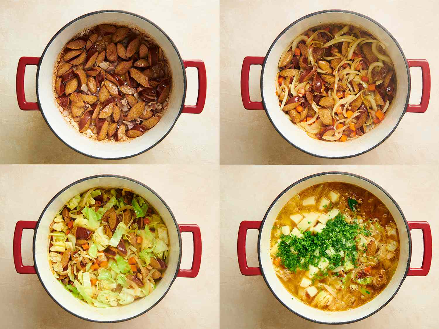 A four image collage. The top left image shows the bacon and sausage inside a Dutch oven, once fat is rendered and bacon and sausage are browning in spots. The top right image shows onion and carrot softened but not browned inside Dutch oven with bacon and sausage. The bottom left image shows cabbage lightly wilted inside Dutch oven, with the other ingredients. The bottom right image shows sauerkraut with its juice, chicken stock, bay leaves, dill stems, and potatoes added to the Dutch oven.