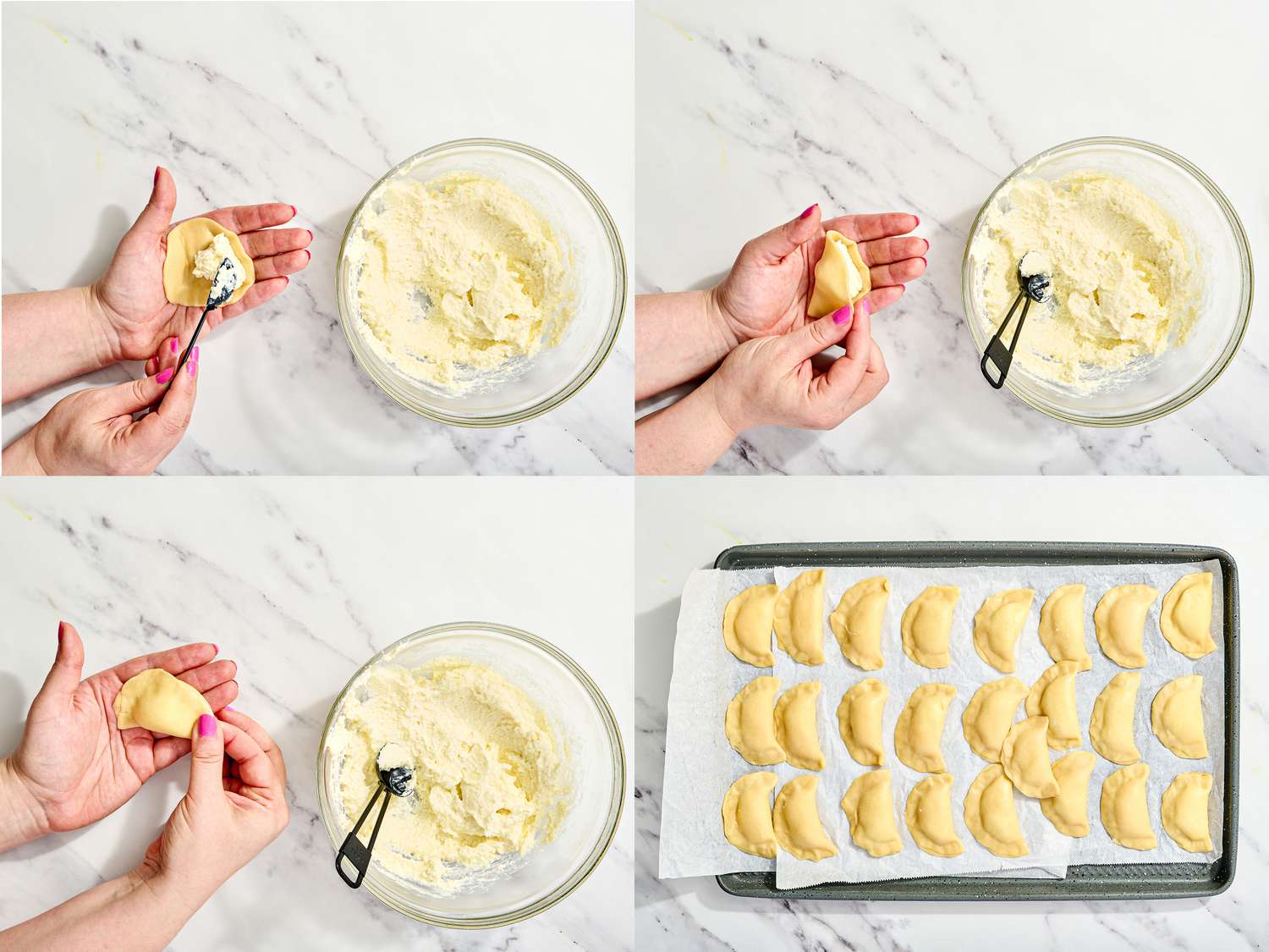 4 image collage: Top Left: Filling the center of each round of dough in a hand. Top Right: Folding over dough into half moon. Bottom Left: Pinching edges of dumpling together. Bottom Right: Tray of 25 prepared dumplings 