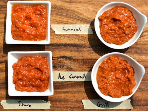 Comparing four different versions of ajvar: stovetop and grill roasted versions, either simmered or not simmered.