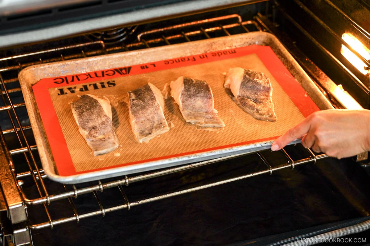 Baking the miso cod in the oven.