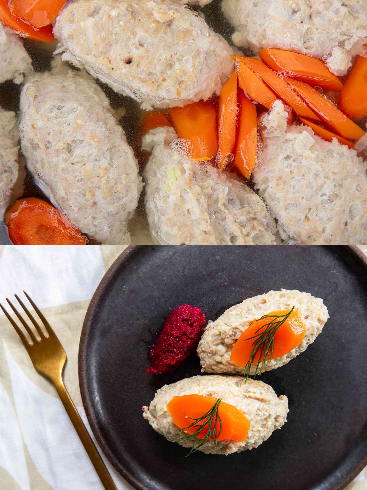 Overhead view of gefilte fish in pot and plated