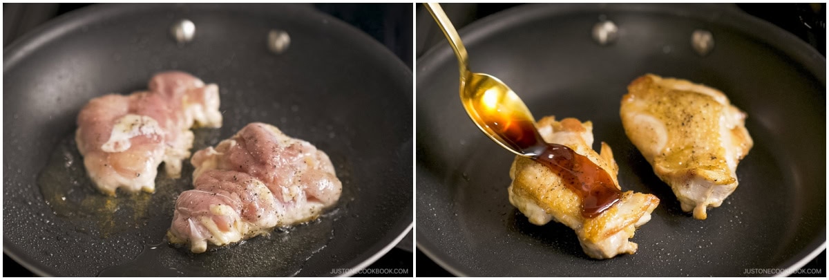 Cook the chicken and drizzle the teriyaki sauce over the cooked chicken.