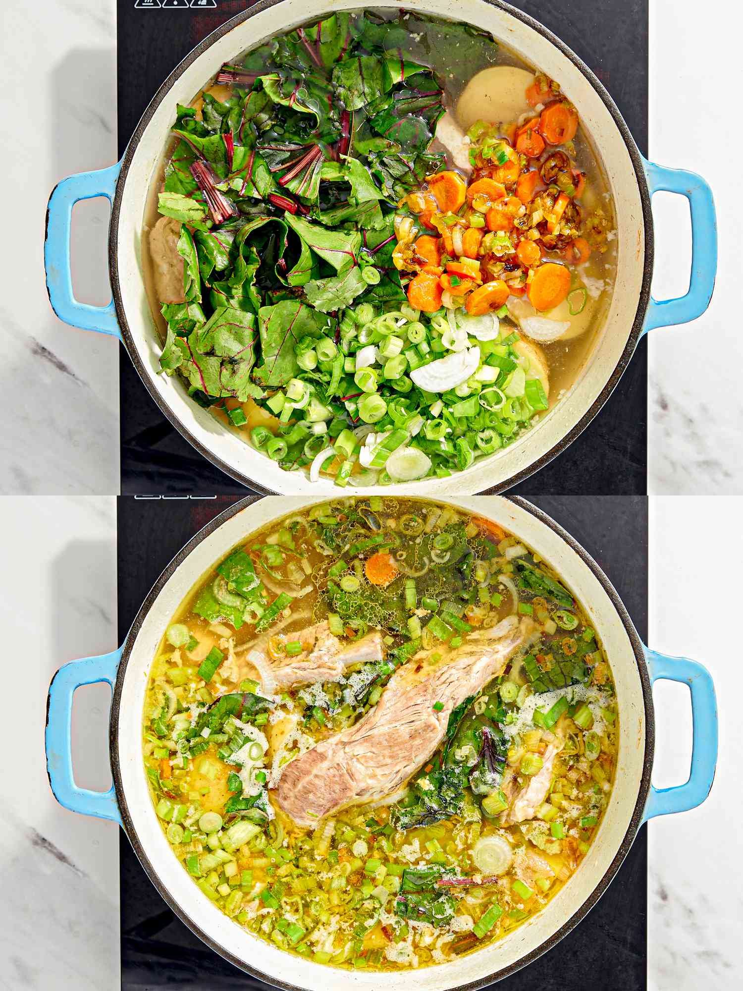 Two image collage of vegetables added to pot and softened