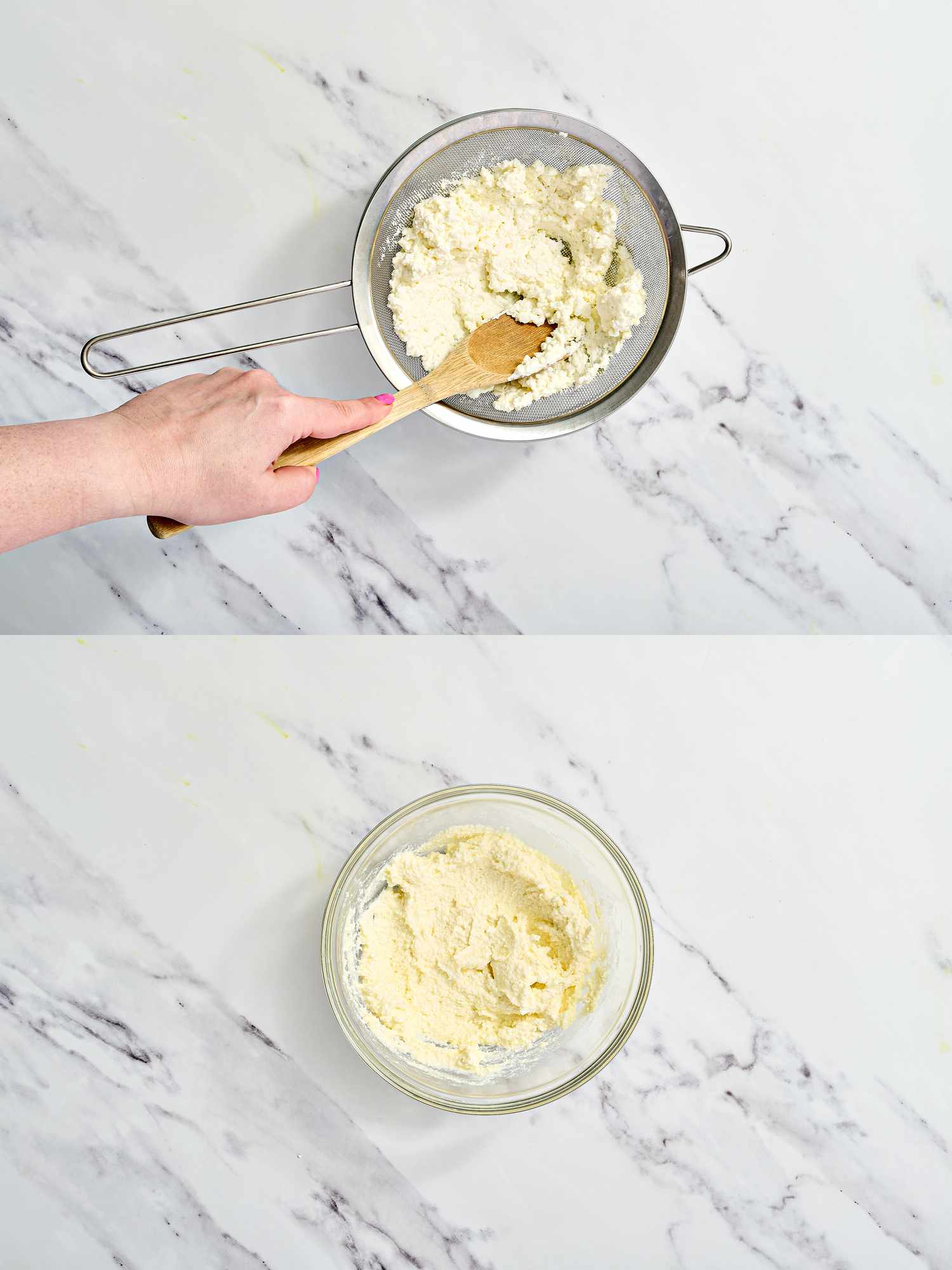 Two image collage. Top: Strained cottage cheese being pressed through fine-meshed strainer. Bottom: Cottage cheese and egg mixture