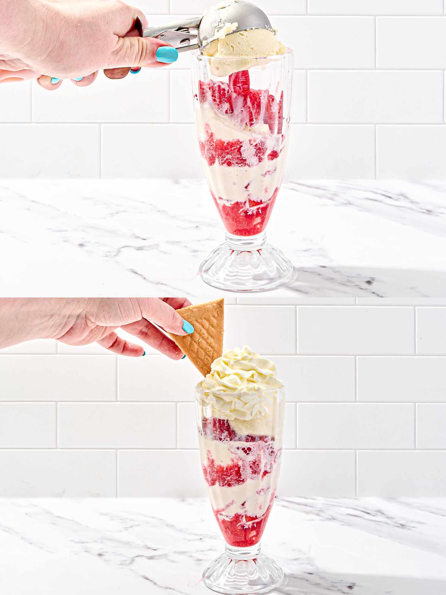 Two image collage of assembling knickerbocker glory