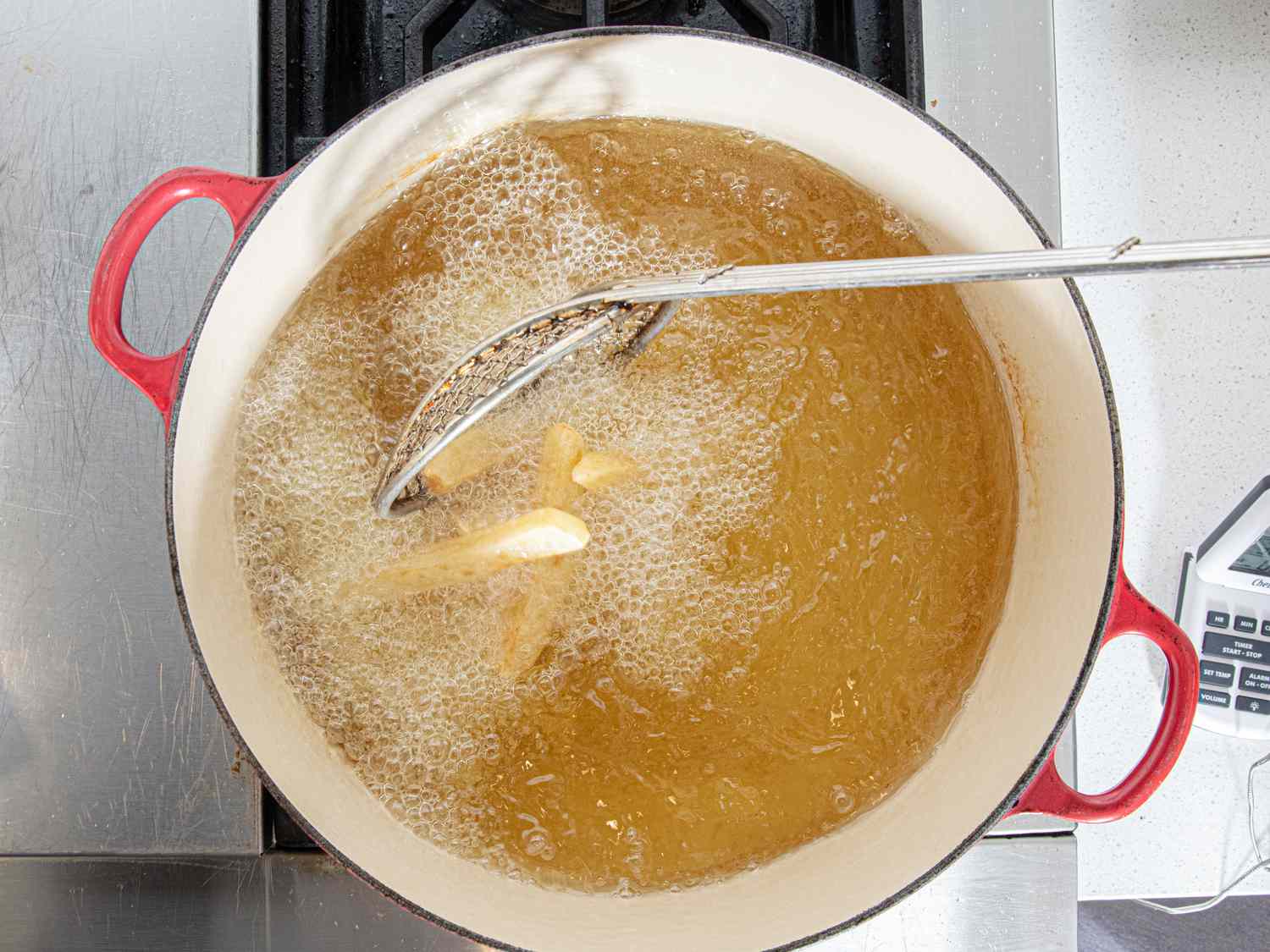 Overhead view of frying chips