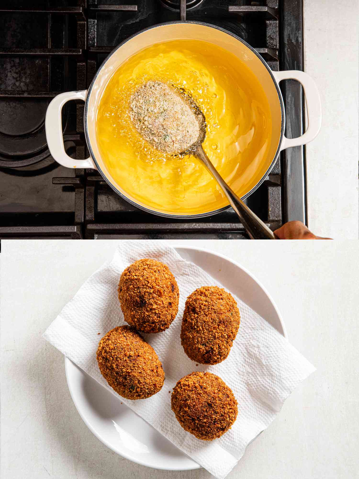 2 image collage. Top: dipping egg into hot oil with slotted spoon. Bottom: 4 scotch eggs cooked and resting on plate with paper towels