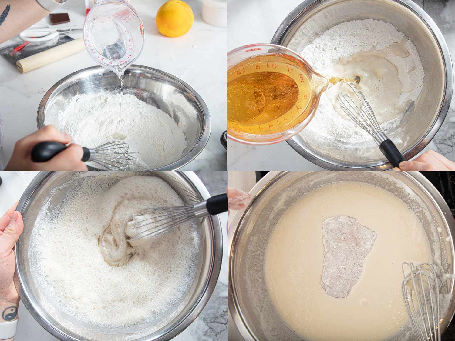 Four image collage of preparing batter and adding fish