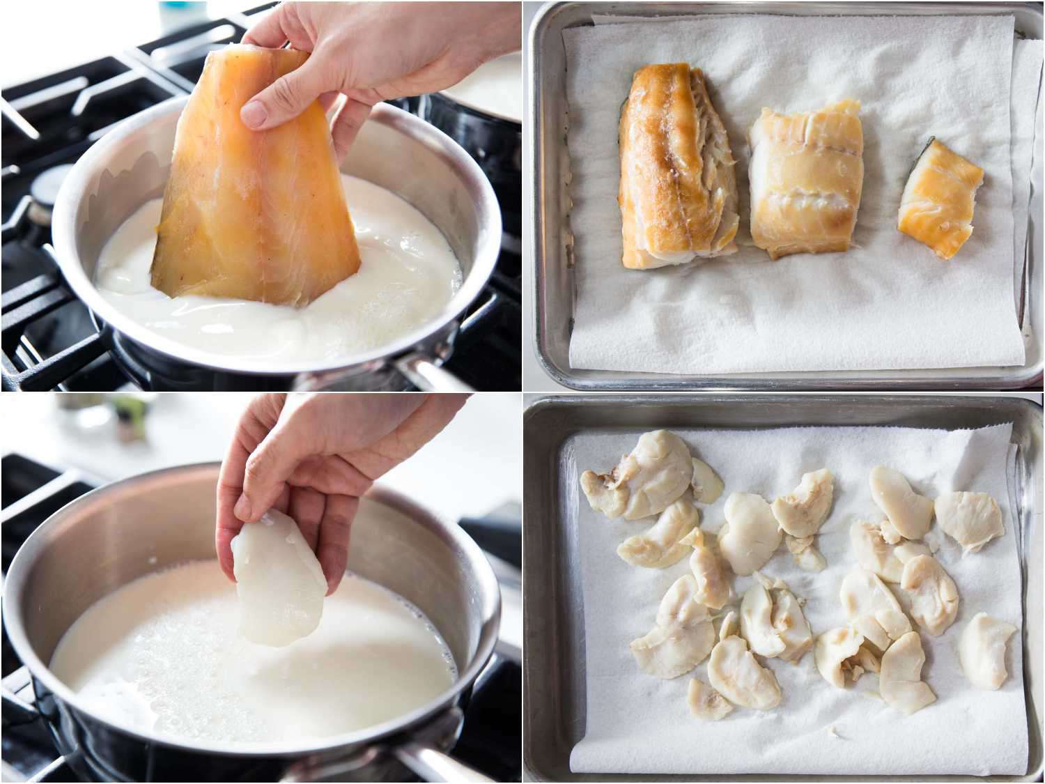 A four-image collage of poaching finnan haddie in milk, transferring to a towel-lined baking sheet, and flaking it into chunks.