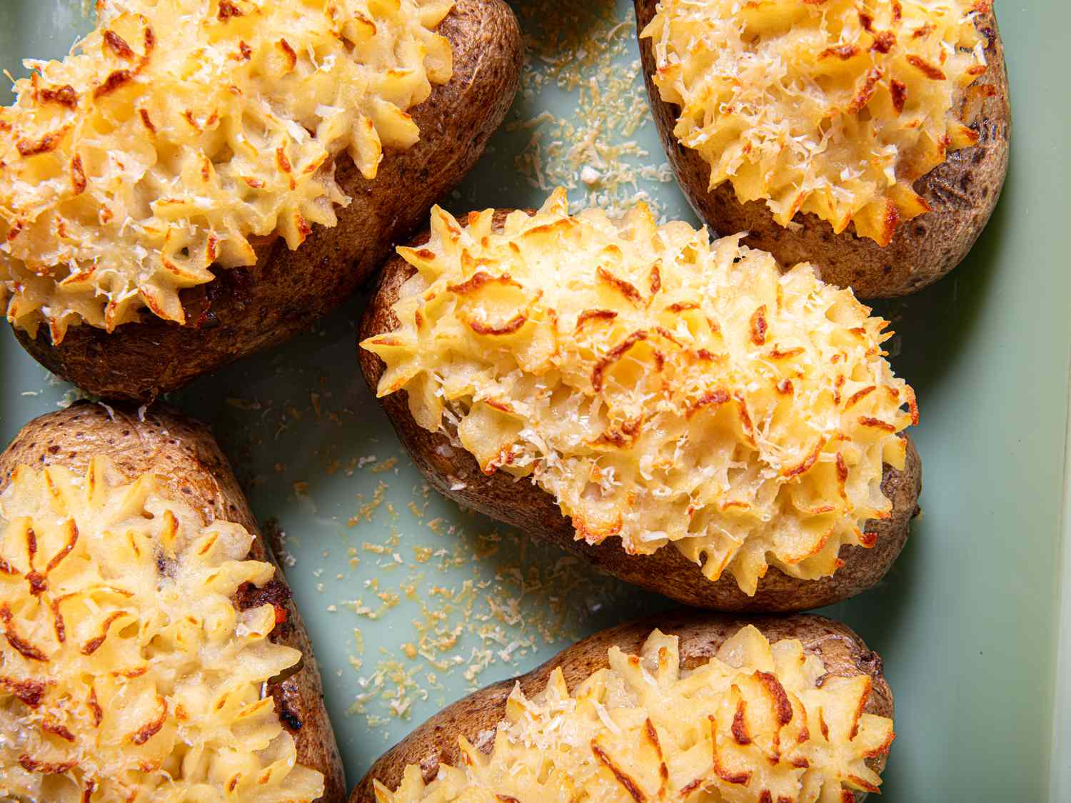 Overhead view of baked potatoes