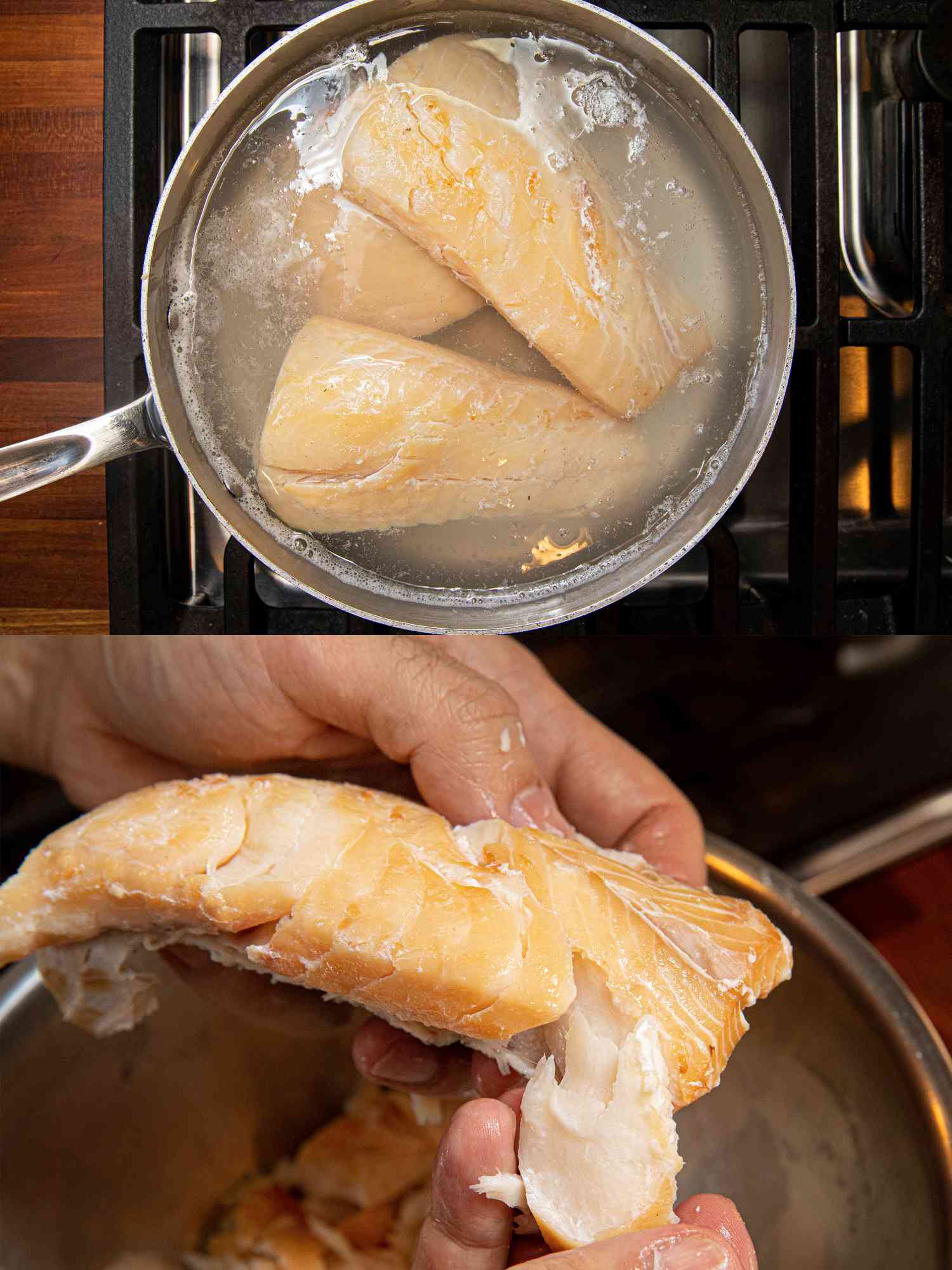Two image collage of haddock cooking and then flaking haddock