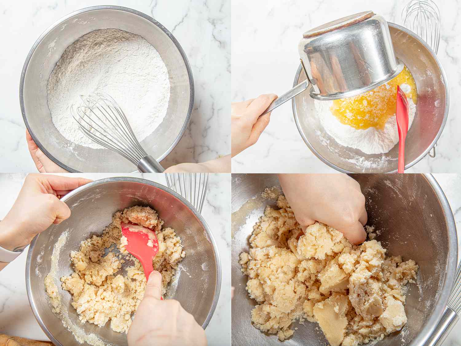 Four image collage of mixing flour, adding eggs and crumbling dough