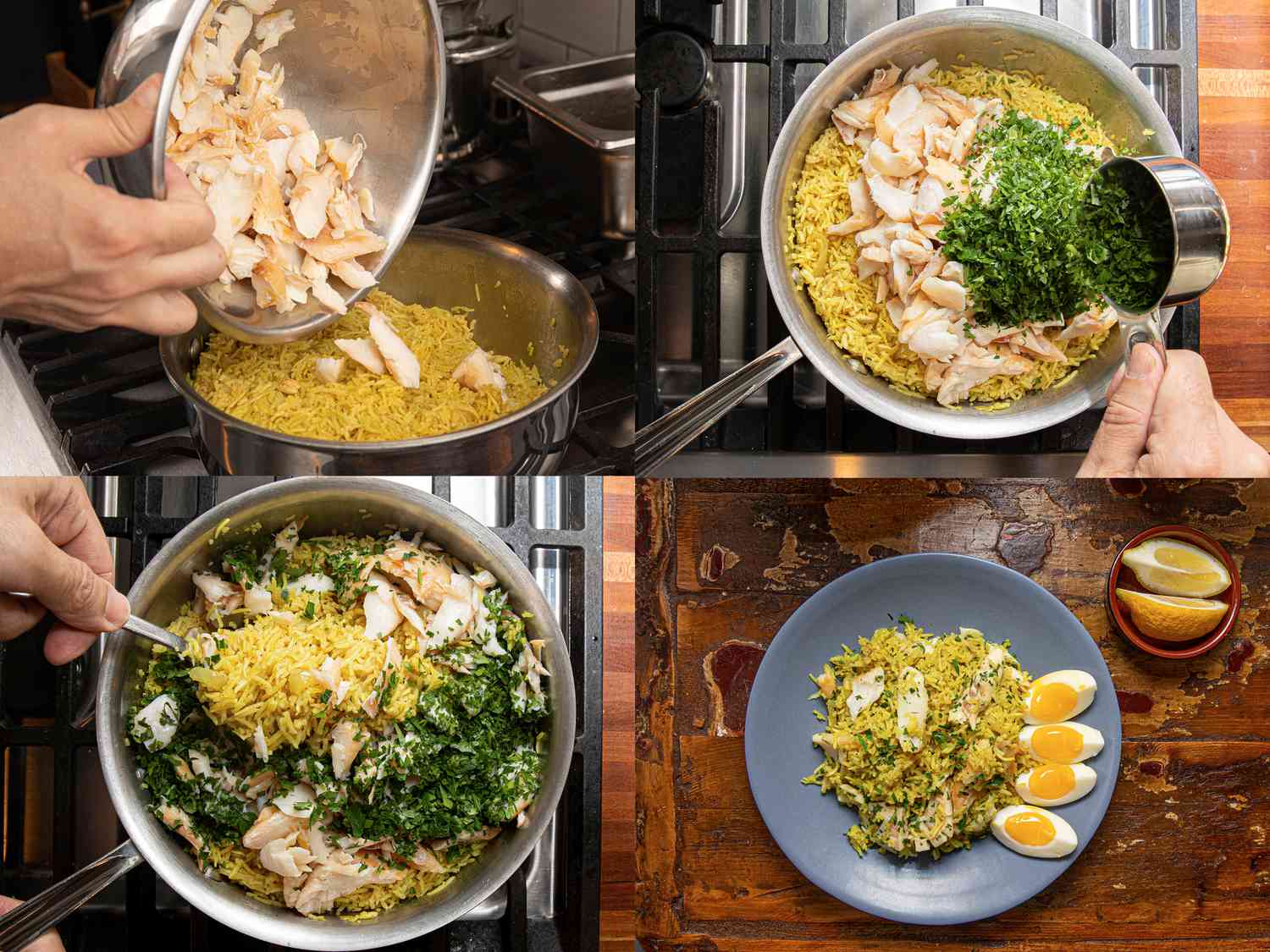 Four image collage of adding fish, parsley and folding it all into rice and plating