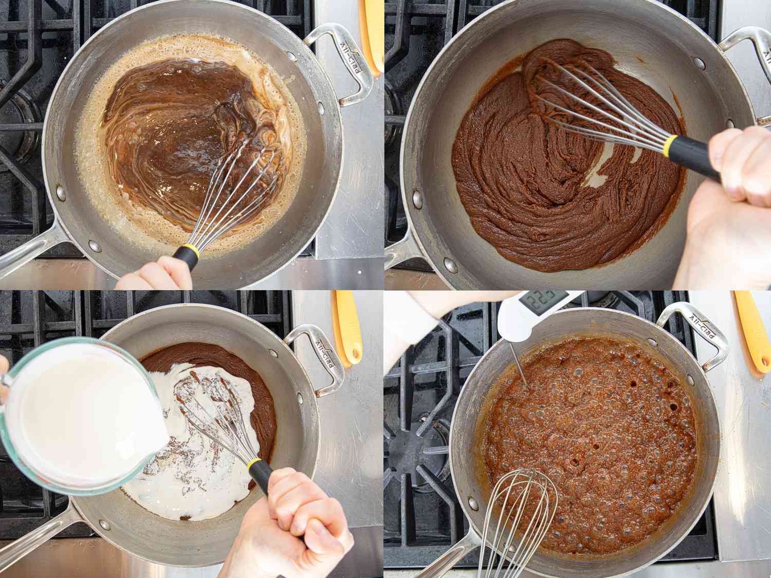 Four image collage of making caramel on stovetop