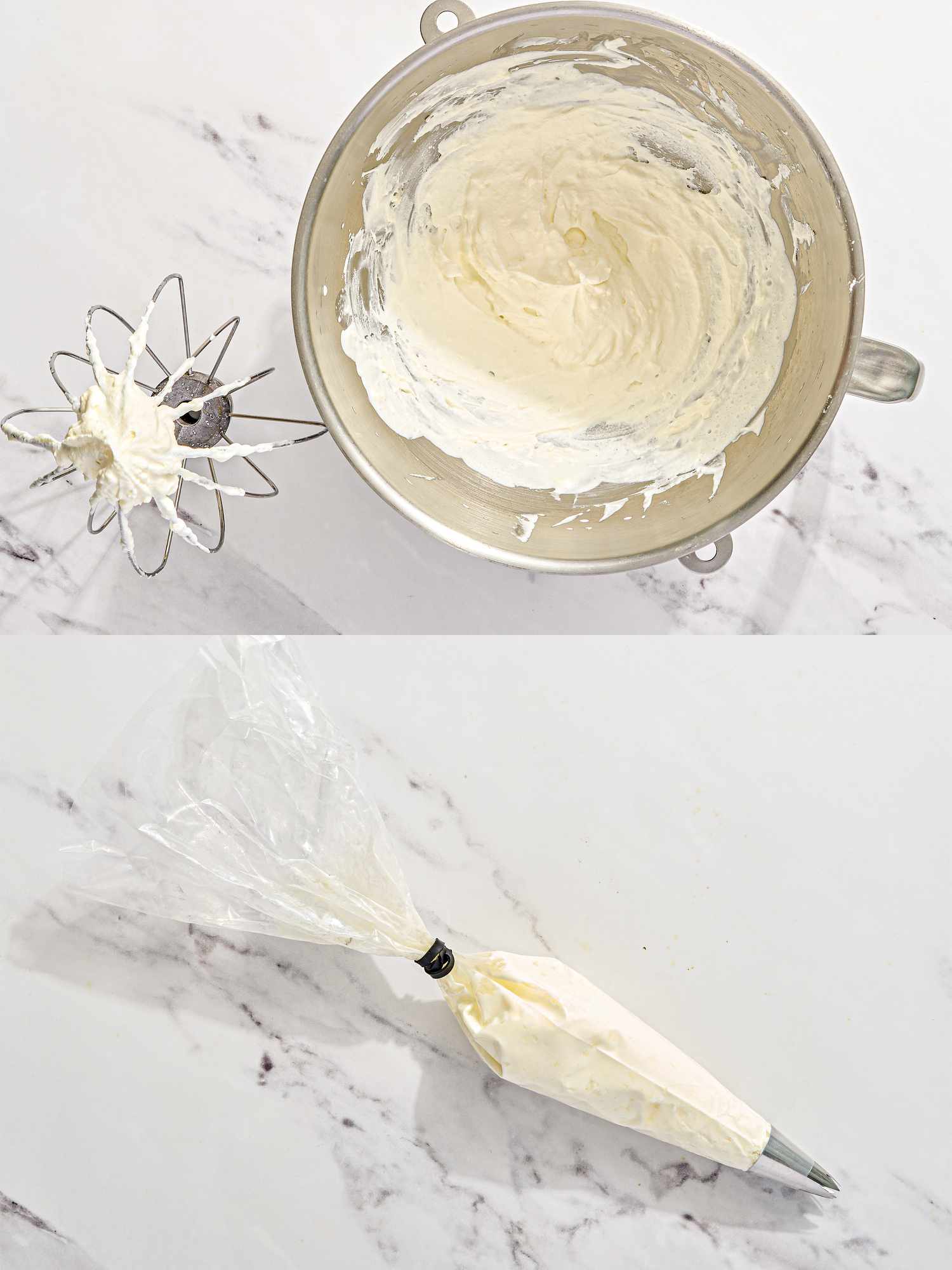 Two image collage of making whipped cream