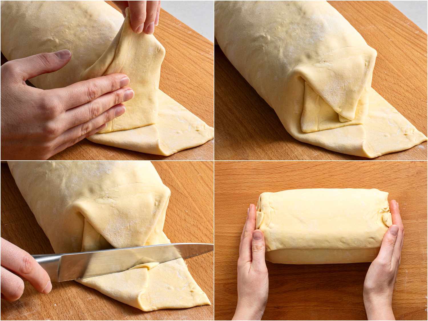 A collage showing the excess puff pastry at the end of the beef wellington being trimmed.