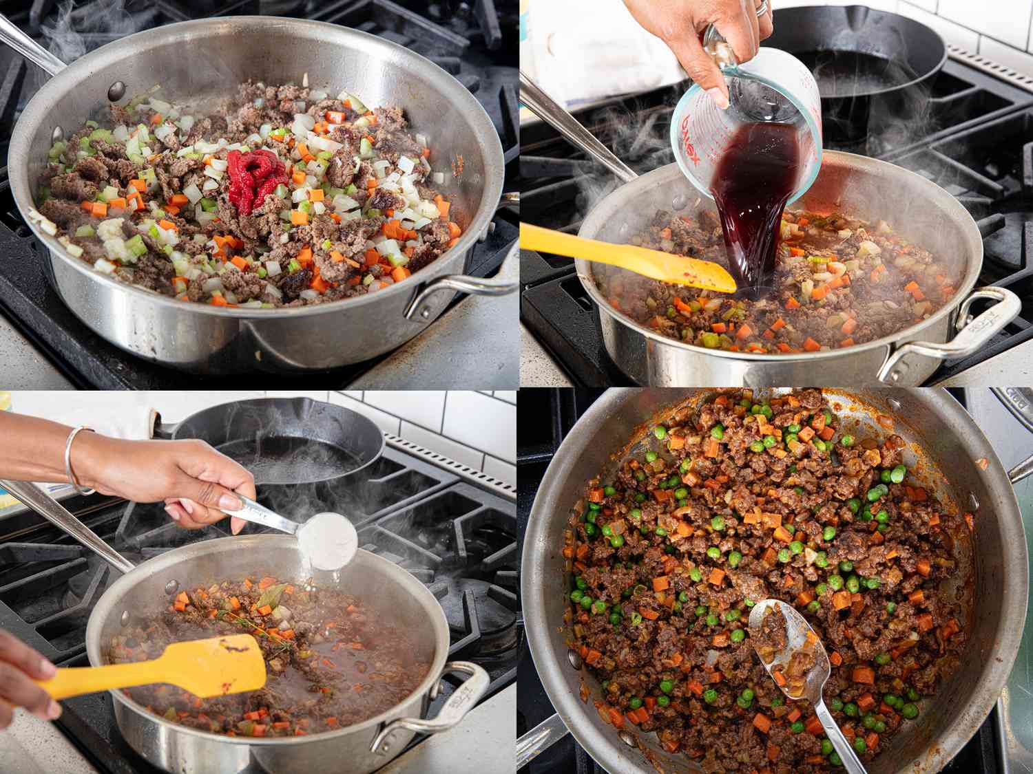 Four image collage of adding tomato paste, wine, flour, and peas