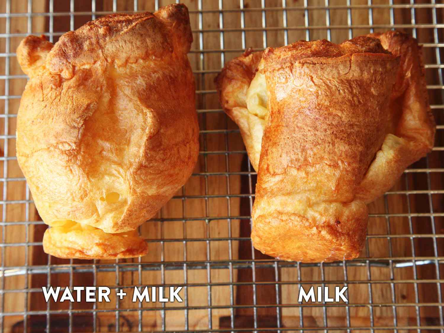 Comparing Yorkshire puddings cooked from batter with milk and a milk and water combination.