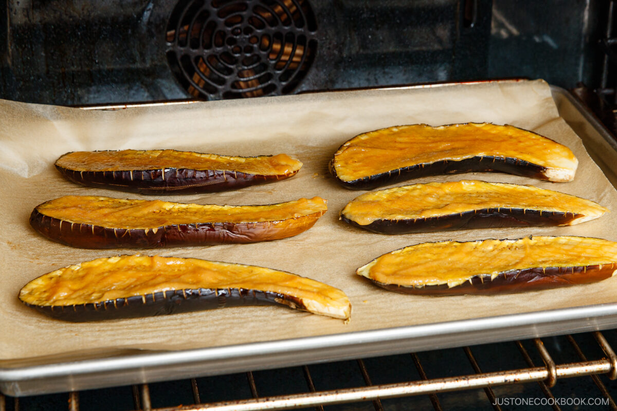 Broiling the miso eggplant.