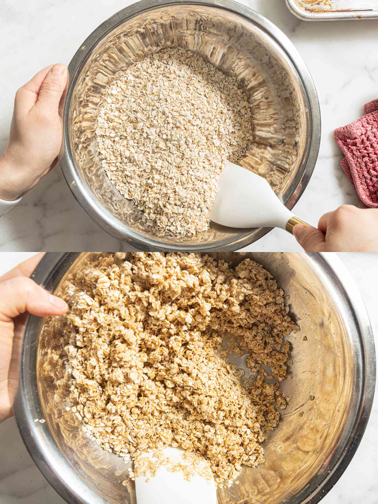 2 image collage. Top: Mixing oats, salt, and baking soda together in metal bowl. Bottom: Stirring oats together after it has hydrated in a metal bowl 