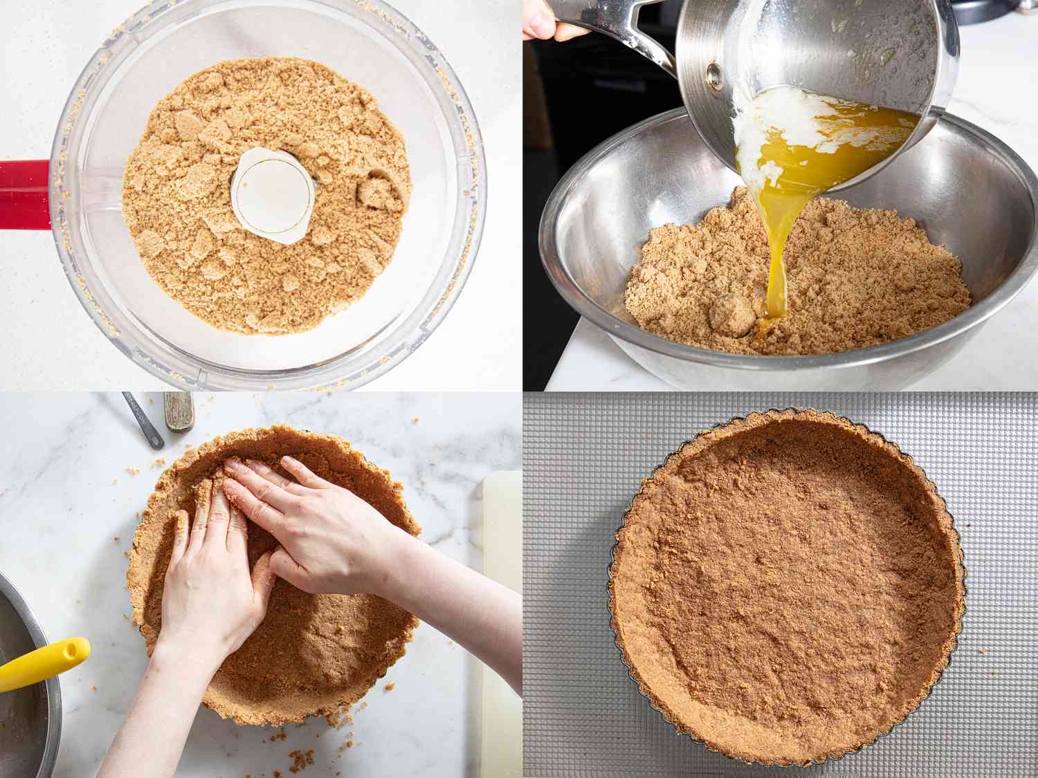 Collage of photos depicting crust being made for banoffee pie.