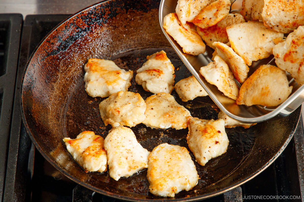 Sear the chicken in two batches and combine together.