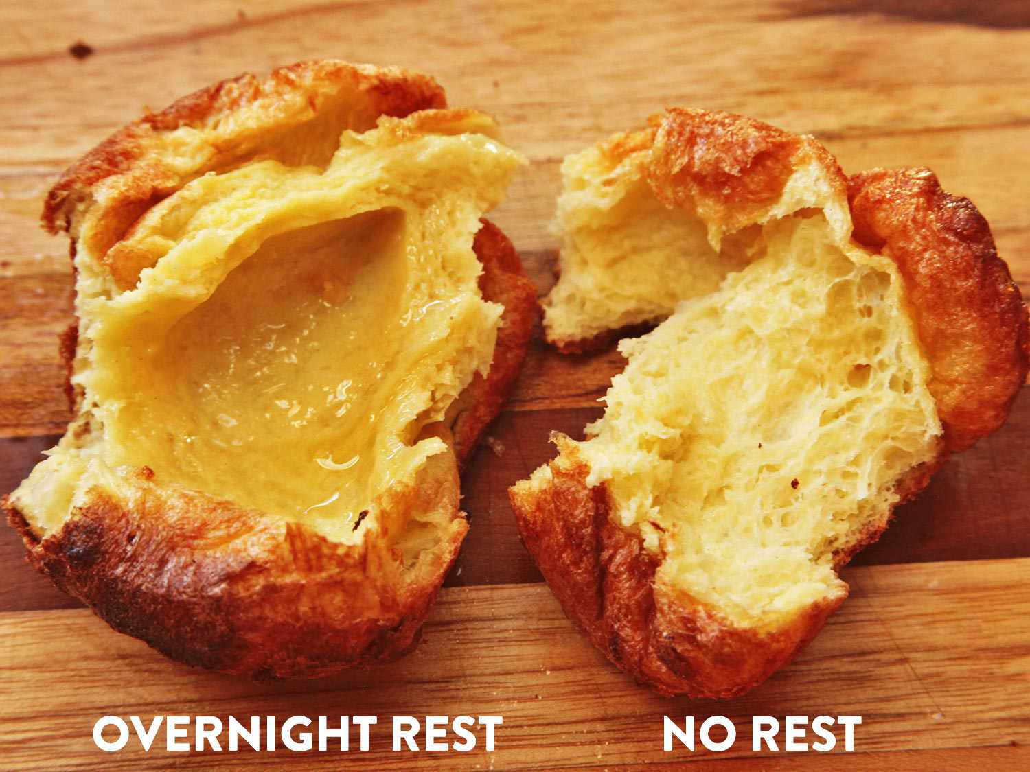 Comparing cross-sections of Yorkshire puddings cooked from rested and un-rested batter