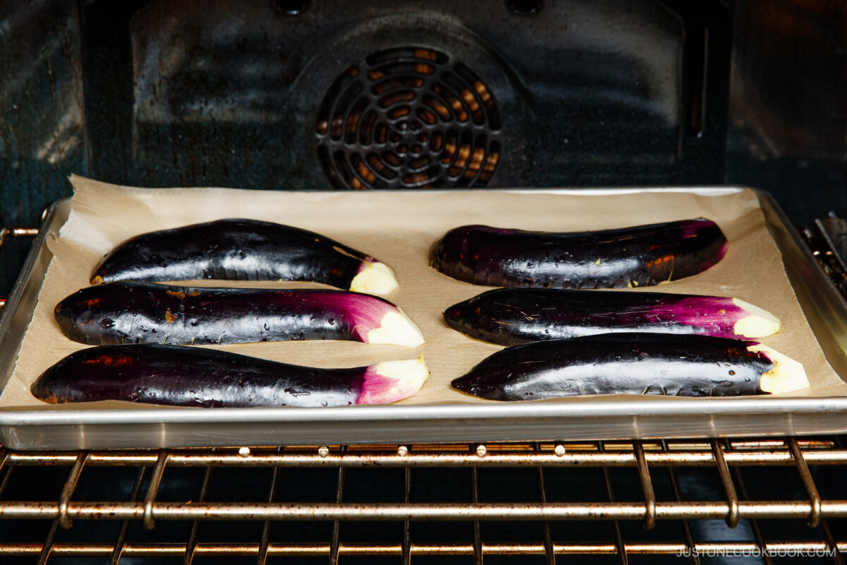 Baking the eggplant in the oven.