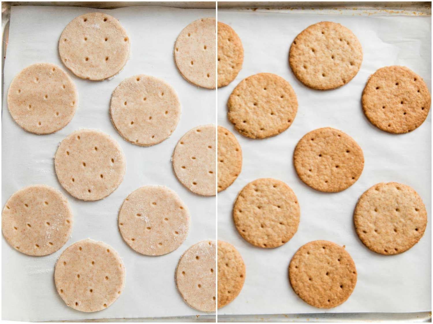 An image photoshopped to show a sheet pan with baked cookies on it. The left side of the pans shows the cookies as very lightly golden, while the right side shows them as more deeply golden.