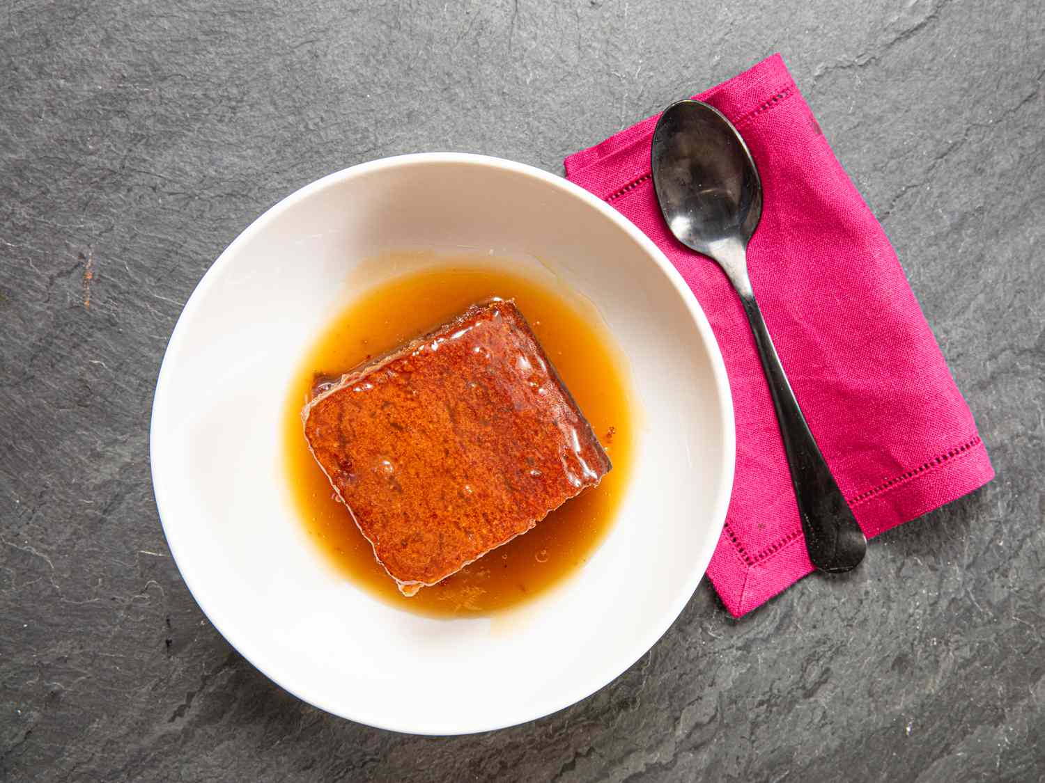 Overhead view of sticky toffee pudding