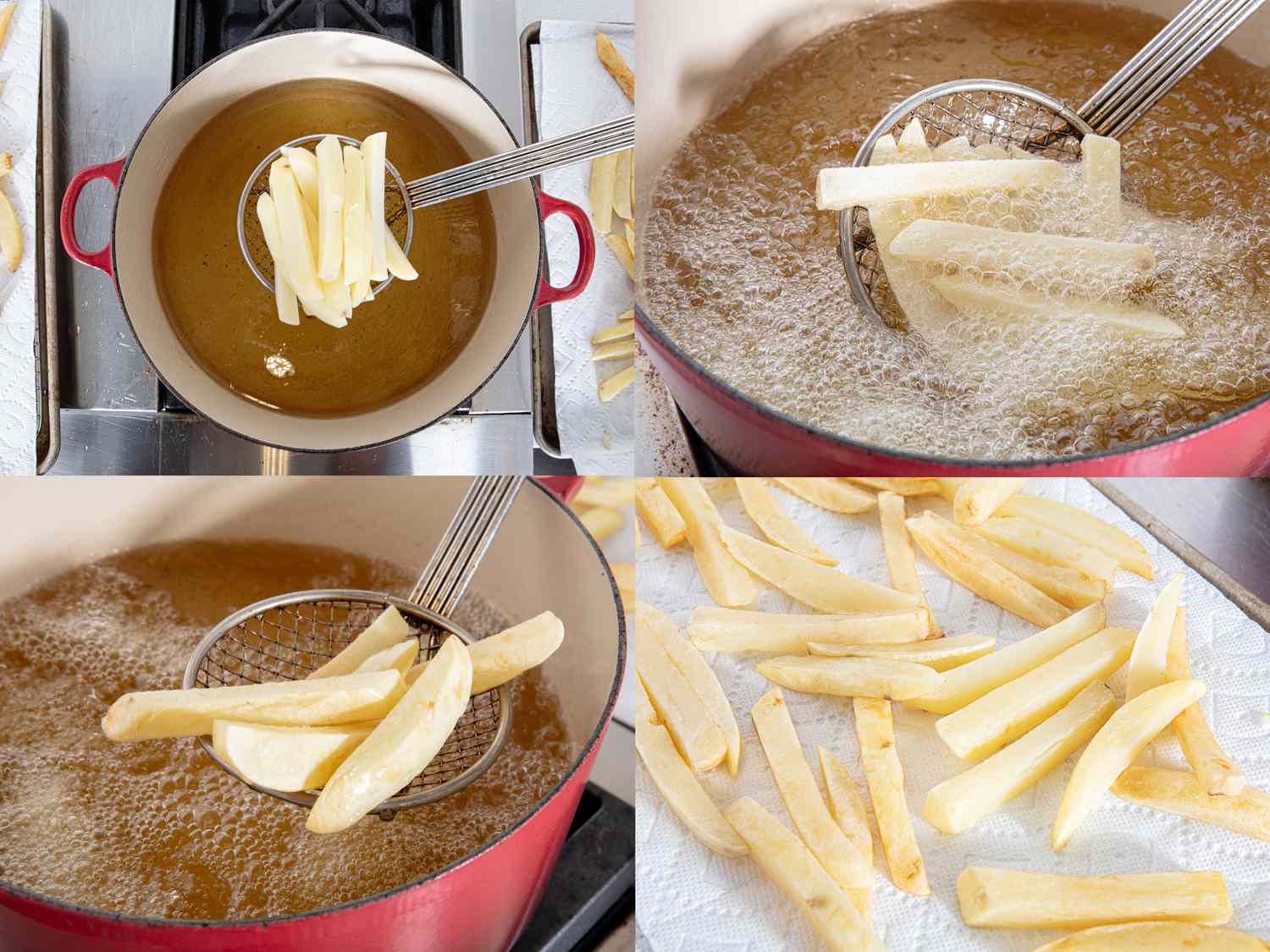 Four image collage of frying fries for the first time